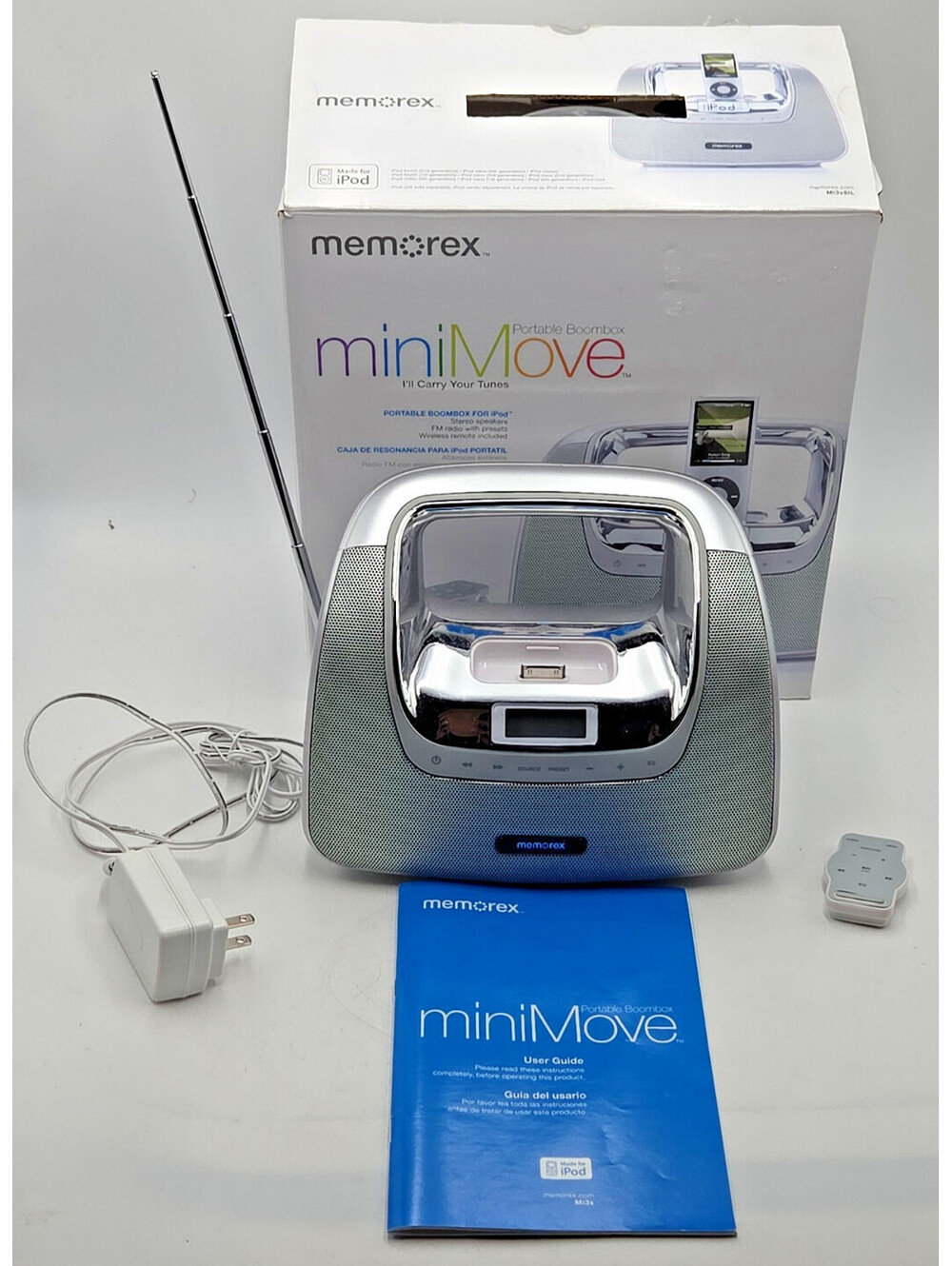 Memorex miniMove Mi3xSIL iPod Boombox FM Radio OEM Remote Box Complete Tested